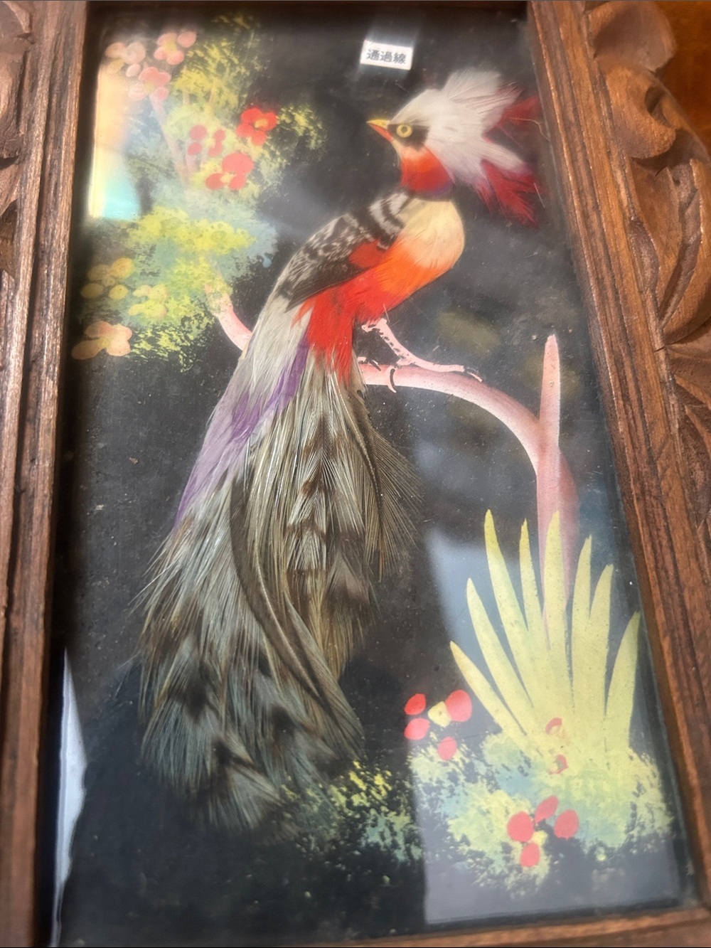 Vintage Hand Crafted Asian Feather Bird Wall Art - Small Mixed Media Painting - Picture 2 of 5